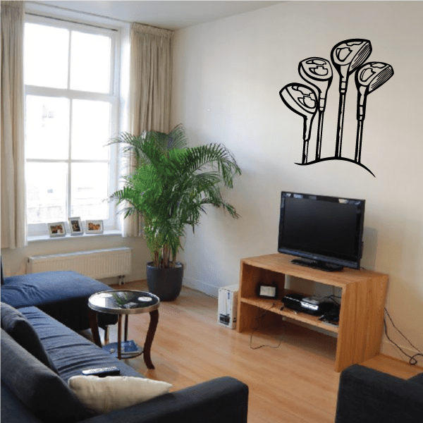 Golf wall decal featuring black line-art golf clubs with ball tips