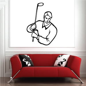 Golf player vinyl wall decal with golfer holding a club, black outline