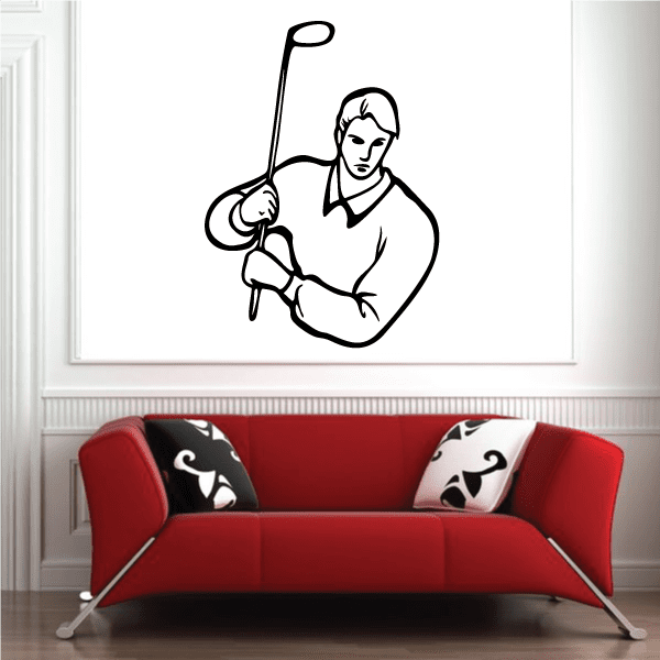 Golf player vinyl wall decal with golfer holding a club, black outline