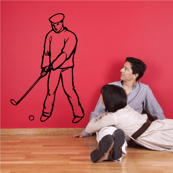 Golf wall decal vinyl: golfer silhouette swinging club with small ball circles