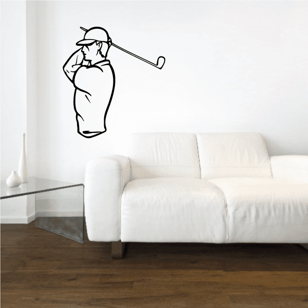 Golf player wall decal, black vinyl golfer silhouette holding a club in swing