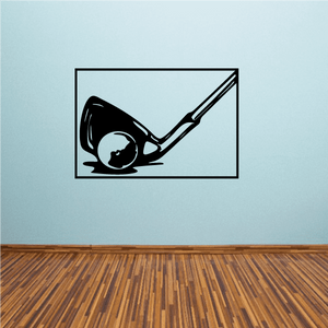 Golf wall decal: black silhouette of golf club and ball on a rectangular frame.