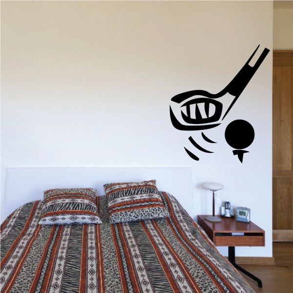 Golf vinyl wall decal with black golf club and round ball silhouette