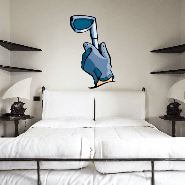 Blue golfer wall decal vinyl sticker, die-cut figure with golf club.