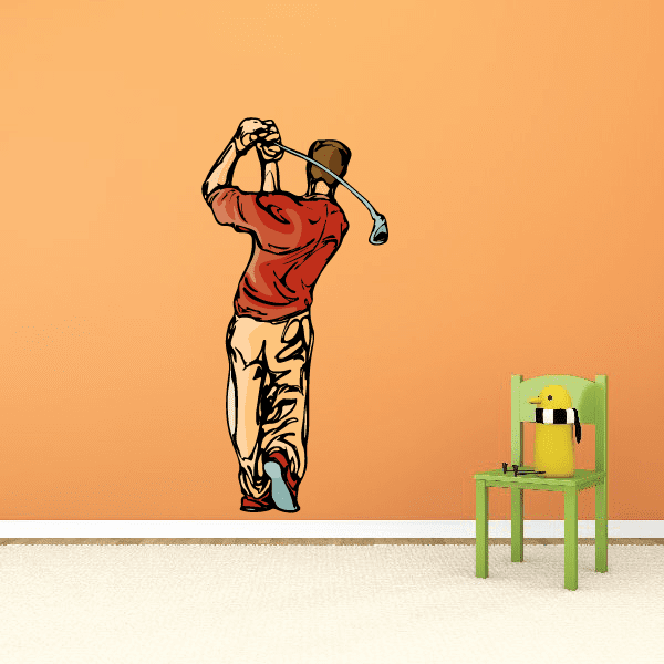 Golf wall decal sticker of golfer swinging, red shirt, black outline, die-cut vinyl