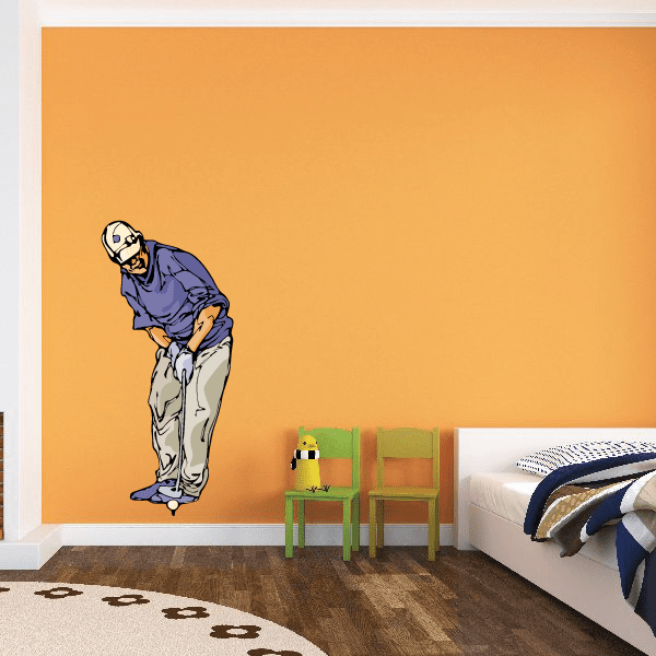 Golfer wall decal vinyl sticker: blue golfer with club, standing mid-swing