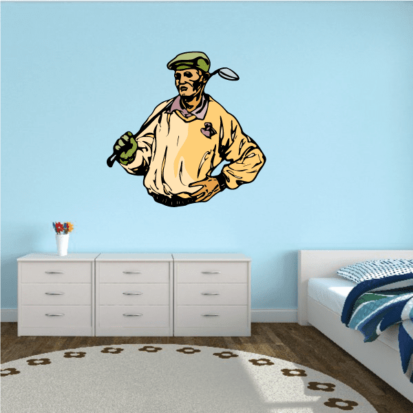 Golf wall decal sticker with cartoon golfer in tan and green cap