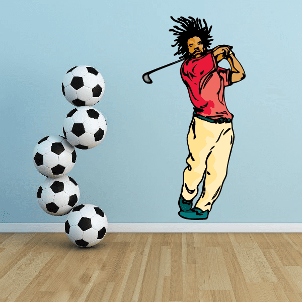 Golf wall decal vinyl sticker with cartoon golfer holding club and four soccer balls