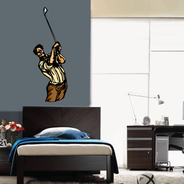 Golf wall decal vinyl sticker of a golfer swinging a club, black and gold silhouette