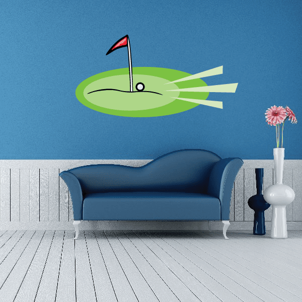Golf wall decal vinyl sticker: green golf ball with red flag and tee