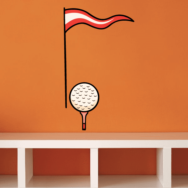 Golf wall decal sticker with waving flag and white dimpled golf ball on a stem
