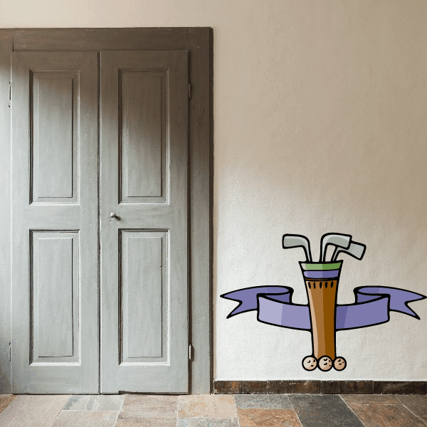 Golf wall decal vinyl sticker with cartoon golfer holding clubs and a golf ball