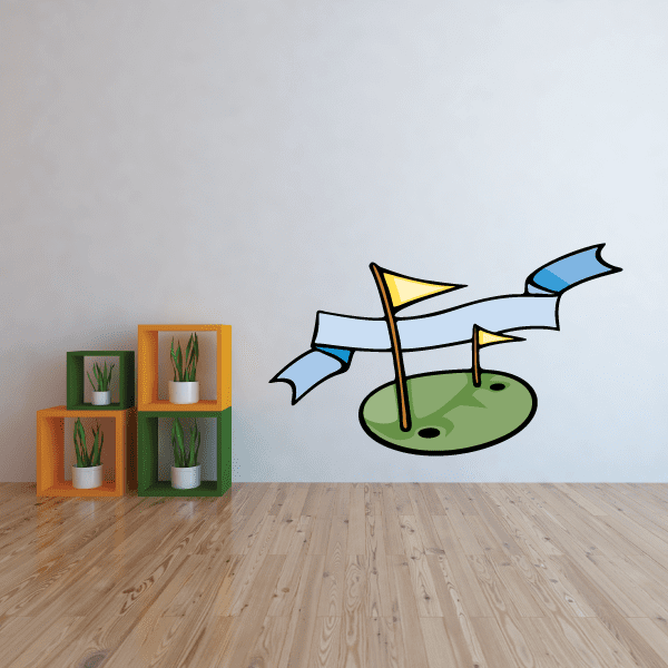Golf wall decal vinyl sticker with green putting area and yellow flags