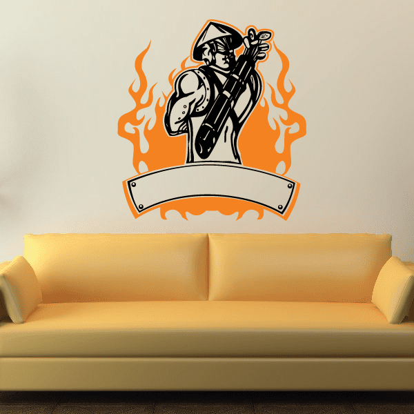 Golf wall decal vinyl sticker: cartoon golfer with flaming banner and orange flames.
