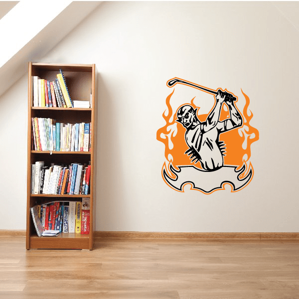 Golf wall decal sticker with orange flaming golfer graphic