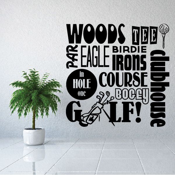 Golf word collage decal, black typography with golf icons and words like EAGLE, BIRDIE, GOLF!