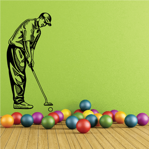 Golfer vinyl wall decal, black golfer with club over multicolor golf balls