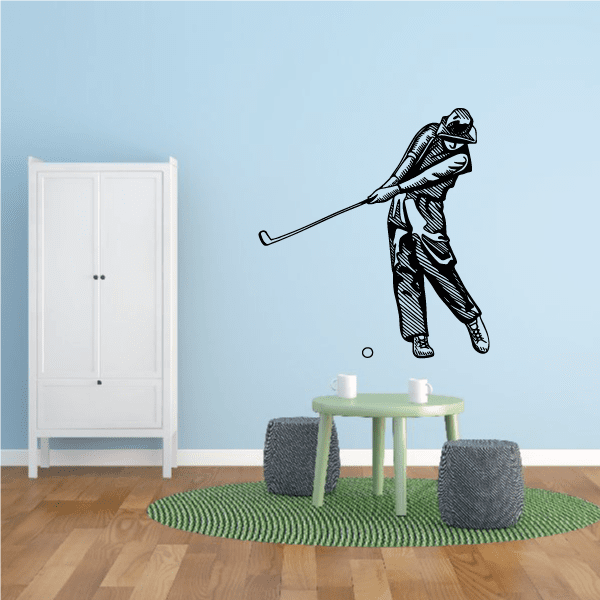 Golfer wall decal vinyl featuring a black silhouette golfer holding a golf club