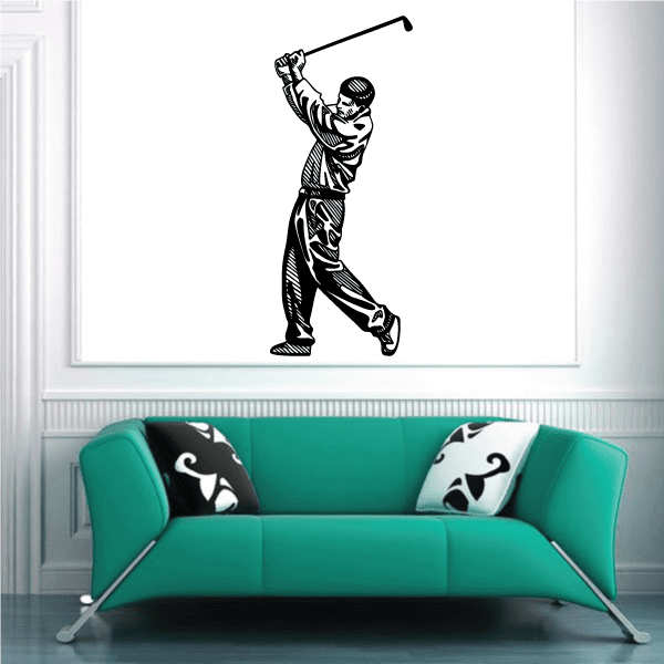 Golfer wall decal featuring a black golfer holding a raised golf club, vinyl silhouette