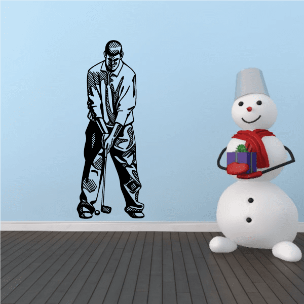 Golfer wall decal vinyl sticker, black outline golfer standing with hat and coat