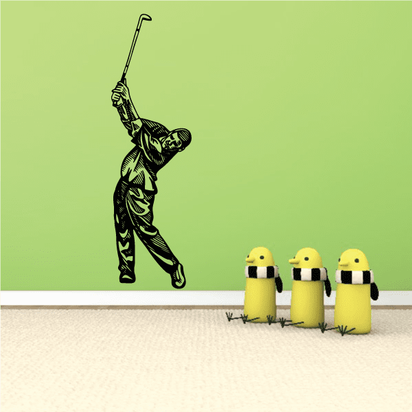 Golfer wall decal: black golfer with club, three yellow ball figures