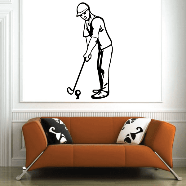Golfer wall decal, black and white outline of golfer holding club and ball