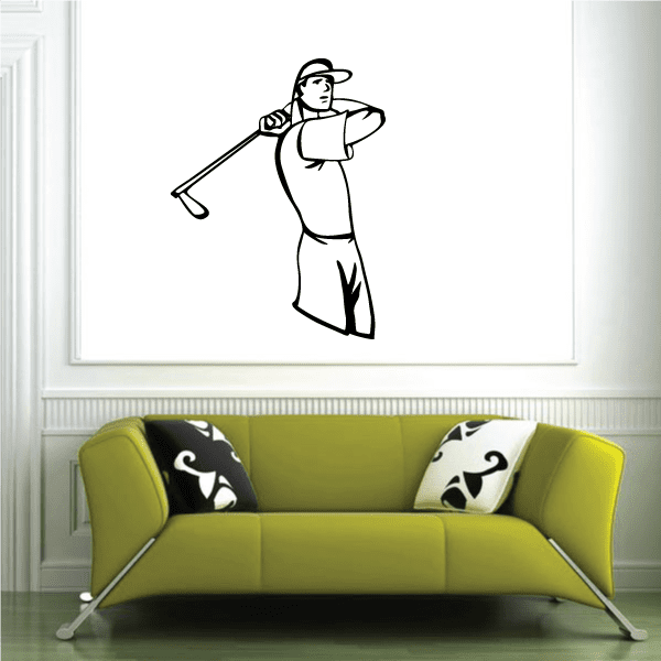 Golfer wall decal vinyl sticker, black line art golfer holding golf club