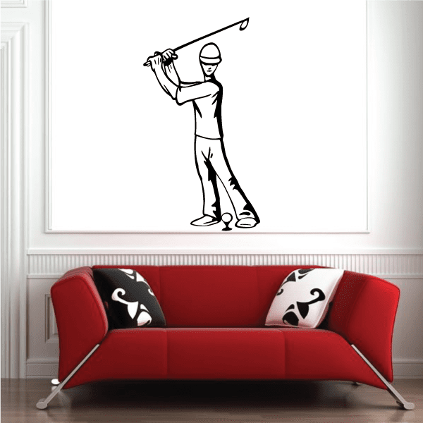 Golfer wall decal vinyl of golfer swinging club, black outline graphic