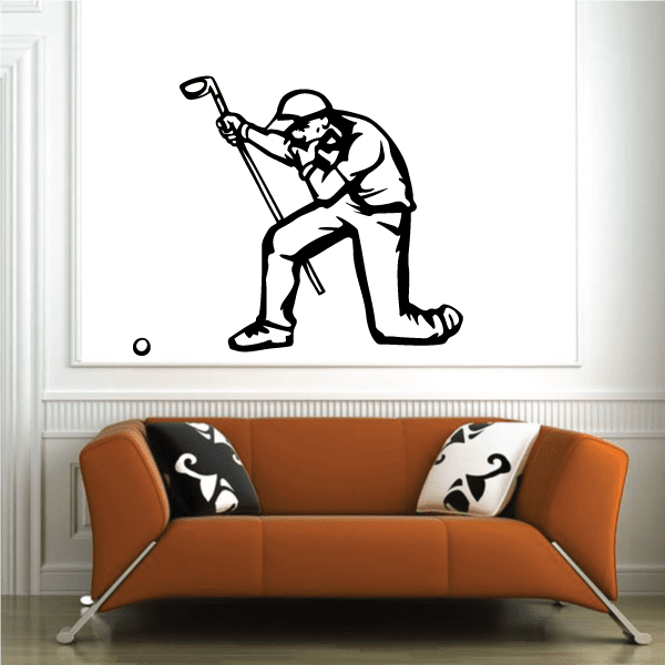 Golfer wall decal vinyl: black golfer silhouette with golf club, kneeling pose.