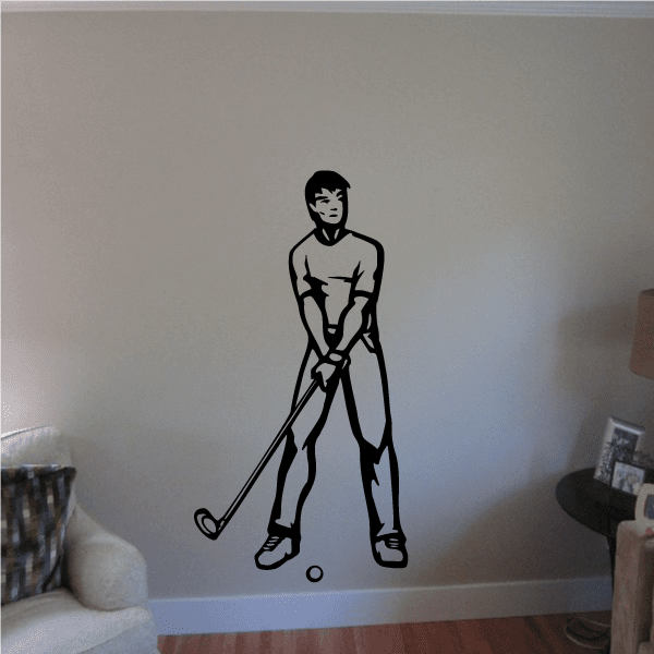Golfer wall decal with black golfer silhouette holding a golf club and ball