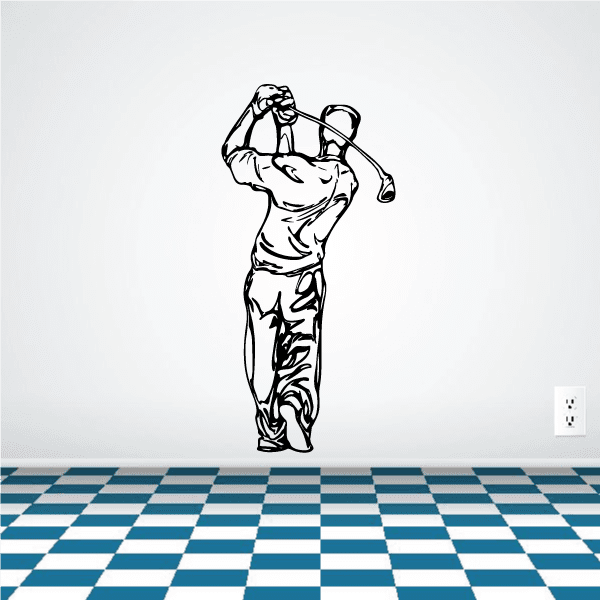 Golfer wall decal vinyl sticker, black outline golfer swinging club