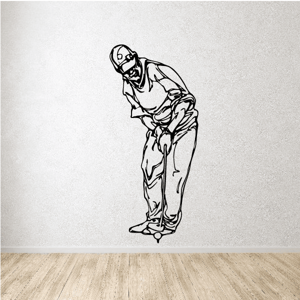 Golfer wall vinyl decal, black line drawing of golfer swinging