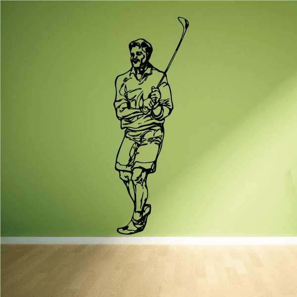 Golfer vinyl wall decal with black golfer holding golf club silhouette