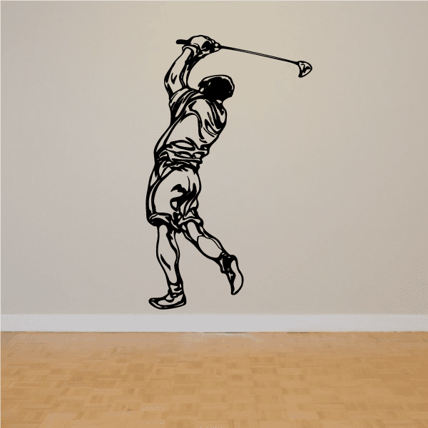 Golfer wall decal, black vinyl silhouette of golfer with club, full body.