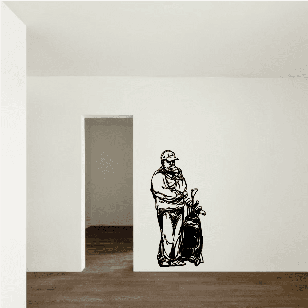 Golfer wall decal in black, featuring a golfer holding a club and ball
