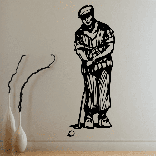 Golfer wall decal, black vinyl silhouette of golfer standing with hands clasped.