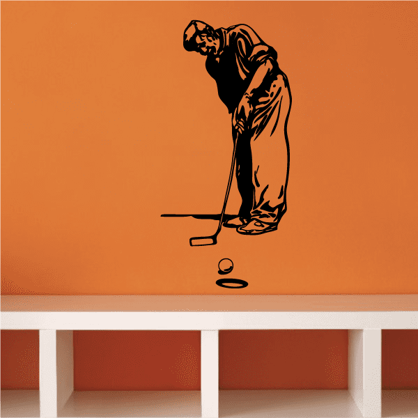 Vinyl golfer wall decal: black dog golfer silhouette with club and ball