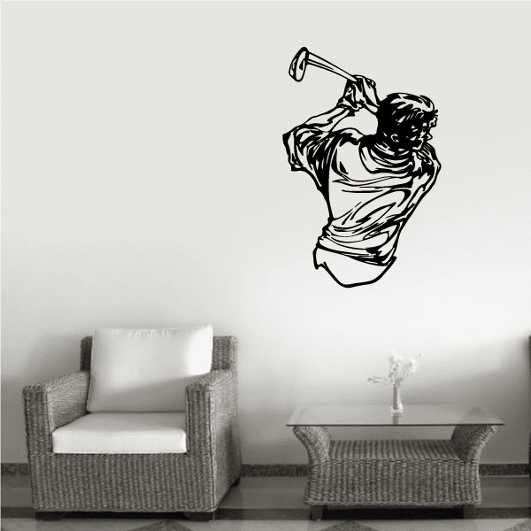 Golfer wall decal vinyl sticker, black golfer swinging club silhouette