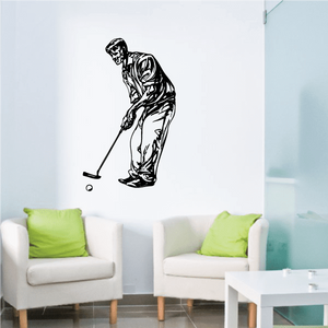 Golfer wall decal: black golfer silhouette with golf club and ball outline, vinyl sticker
