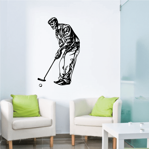 Golfer wall decal: black golfer silhouette with golf club and ball outline, vinyl sticker