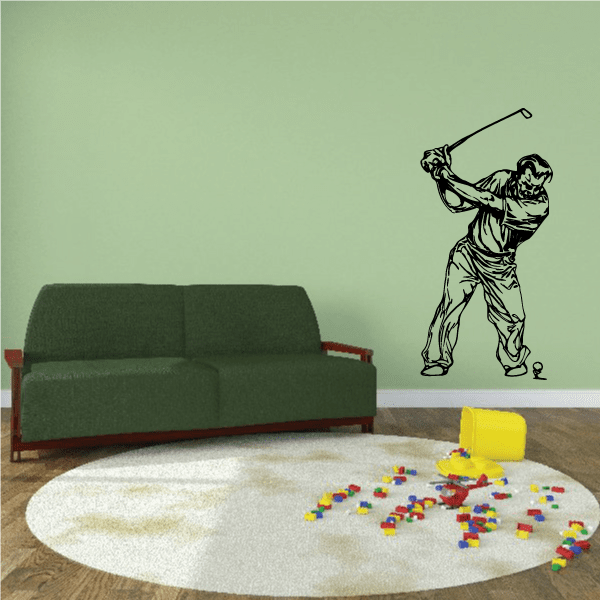 Golfer wall decal with black golfer silhouette swinging on wall
