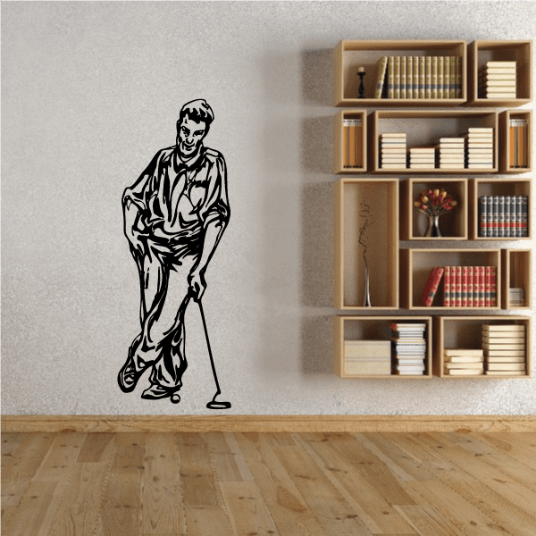 Golfer wall decal, black vinyl golfer holding club, walking stance on wall