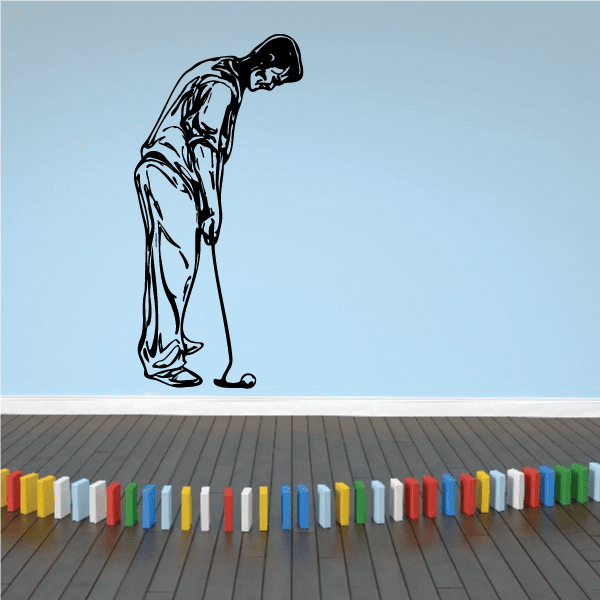 Golfer wall decal in black vinyl, standing golfer silhouette with club and ball.