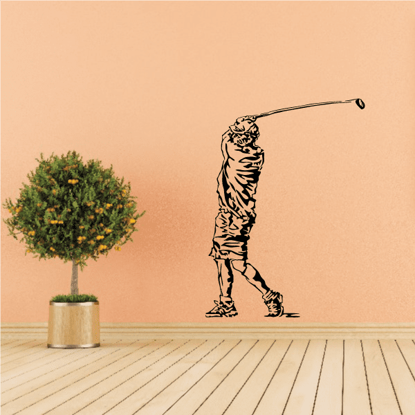 Golfer wall decal in black vinyl, golfer swinging in a stance