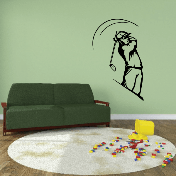 Golfer wall decal vinyl sticker with black golfer swinging club