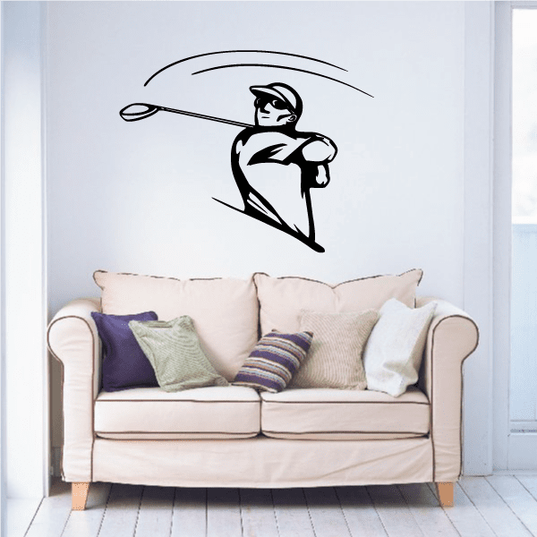 Golfer wall decal vinyl sticker featuring a black golfer silhouette with a curved arc