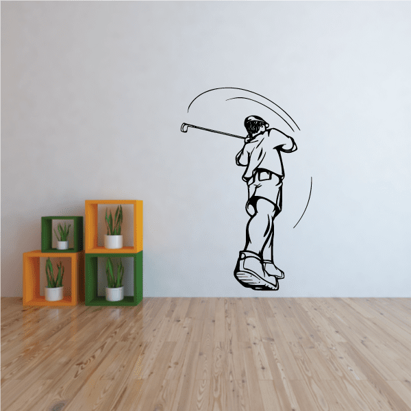 Golfer wall decal vinyl sticker with black golfer holding a golf club and swinging