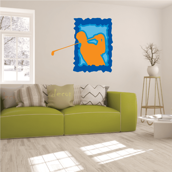 Golfer wall decal vinyl sticker, die-cut orange and blue golfer silhouette