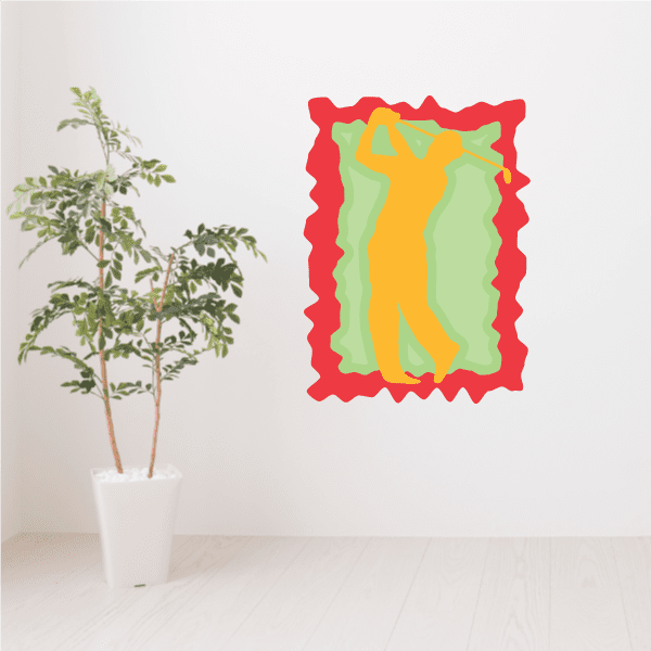 Die-cut vinyl wall decal sticker with red scalloped border and yellow-green figure