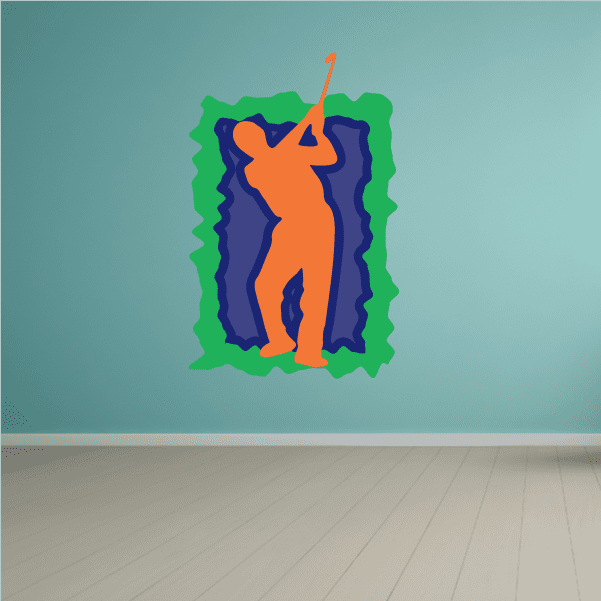 Die-cut golfer wall decal vinyl sticker with orange golfer and blue frame